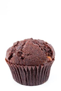 Close up of a fresh baked chocolate muffin against a white background