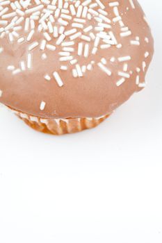 Extreme close up of a muffin with icing sugar against a white background