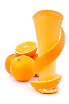 Orange peel wrapping a glass against white background