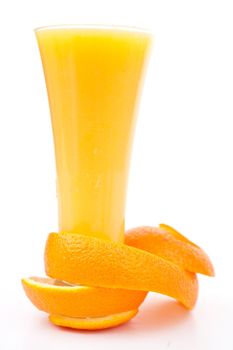 orange peel at the base of a glass against white background