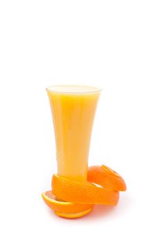 orange peel at the base of a full glass against white background