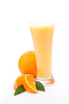 Glass of orange juice against a white background