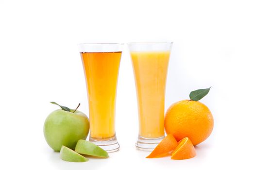 Orange juice and apple juice against a white background