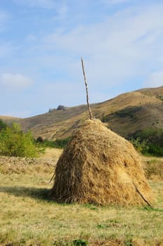 romanian traditional made hay with a post in the middle