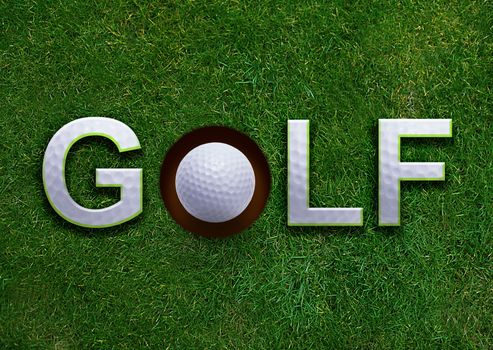 Golf word on green grass and golf ball on lip of hole