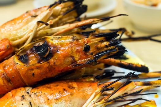 Closeup Grilled shrimps on plate.