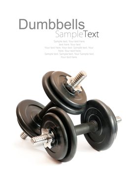 black dumbbell isolated on a white background with sample text