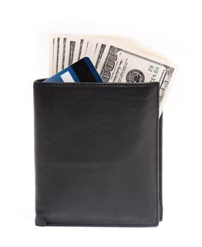 Leather wallet with some dollars and cards on a white background