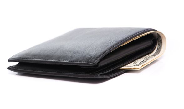Leather wallet with dollars isolated on a white background