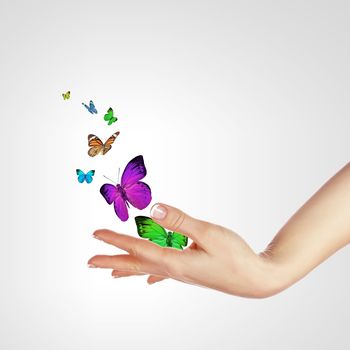 Human hands releasing colourful butterflies illustration on white background