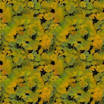 Seamless design with leaves in shades of green, gold, and orange on black background