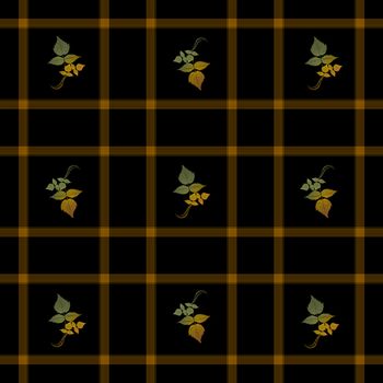 Leaves in shades of green, gold, and orange on black and orange plaid background