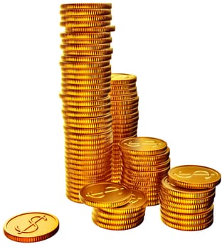 Stacks of golden dollar coins on white background