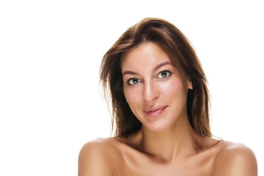 portrait of a beautiful brunette smiling woman on white background