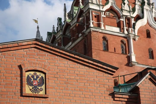 The Double-headed eagle at the fragment of the Moscow Kremlin wall, Russia