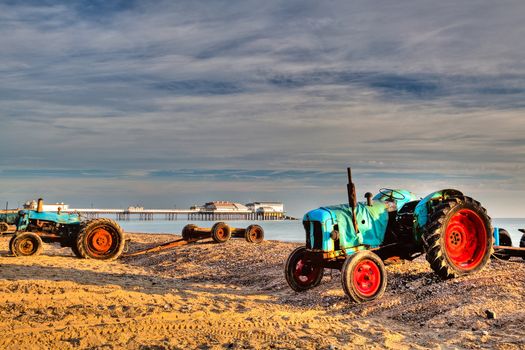 Tractor at Cromer beach in Great Britain
