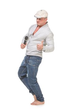 Man in a Cap with a Microphone shows Thumb-up, on white background