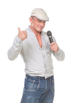 Man in a Cap with a Microphone shows Thumb-up, on white background