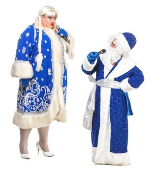 Travesty Actors Genre Depict Santa Claus and Snow Maiden, on white background