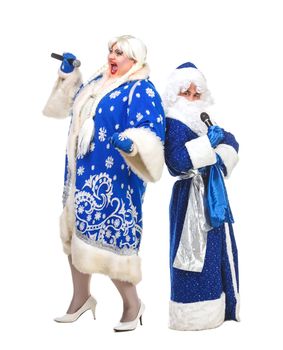 Travesty Actors Genre Depict Santa Claus and Snow Maiden, on white background