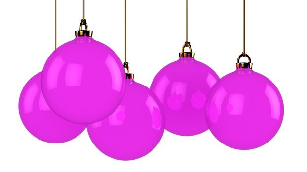 Five hanging purple chrismas balls isolated on white