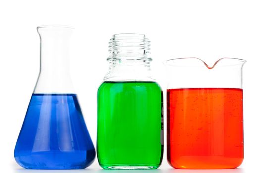 Beakers and an erlenmeyer against a white background
