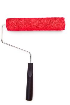 Red paint roller on white background