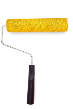 Yellow paint roller on white background