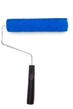 Blue paint roller on white background