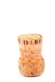 Close up of a cork placed upside down against a white background