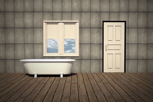 old style bathtub in a retro bathroom with plank wood floor and concrete wall