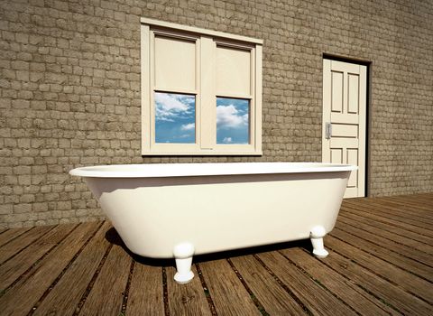 Retro bathroom with plank wood floor