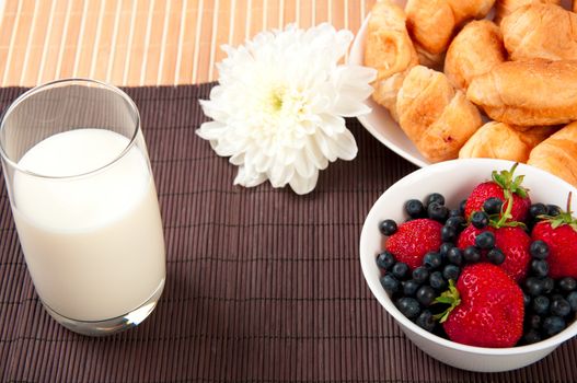 Breakfast with berries, milk and croissant, early breakfast