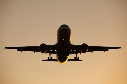 Flying aircraft at sunset