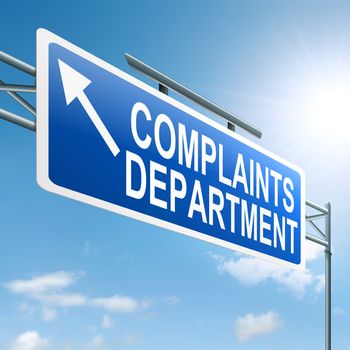 Illustration depicting a roadsign with a complaints department concept. Sky background.