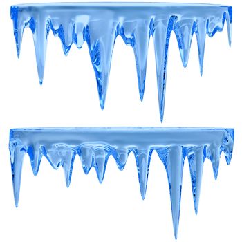 Thawing icicles of a blue shade with water droplets