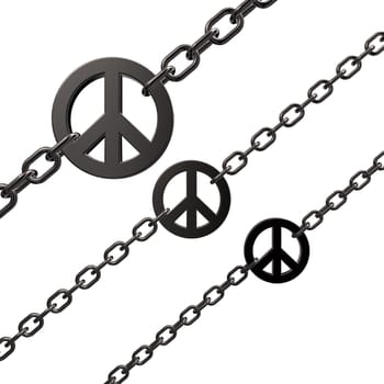 chains with metal peace symbol on white background - 3d illustration