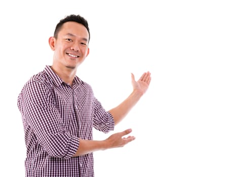 Portrait of an Asian man showing something on white background.