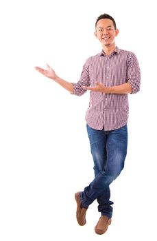 Portrait of a happy business man of Asian showing something on white background.