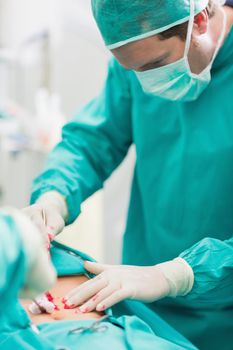 Surgeon touching at patient belly in an operating theatre