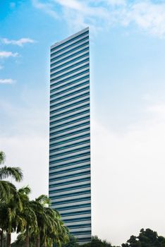 Skyscraper with blue sky on background and palms on front