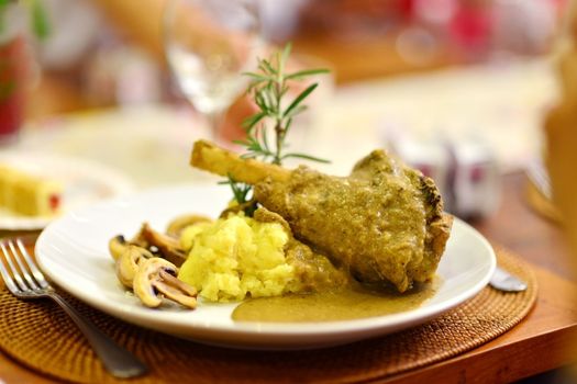 Lamb Shank with Garlic Mashed Potato, Basil Seed Mint Soda drink at background
