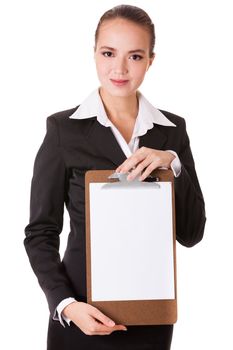 Smiling businesswoman holding a white clear paper on a holder isolated on white background