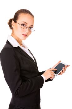 Serious business woman using a modern touch phone isolated on white background