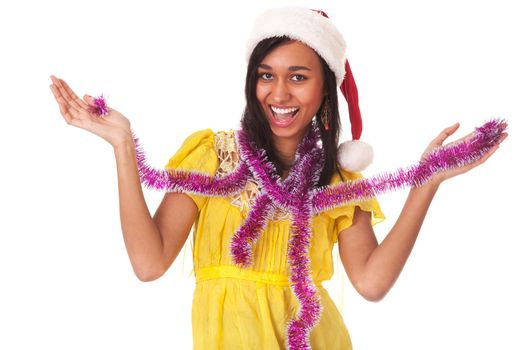 Happy young black woman in christmas cap isolated on white background