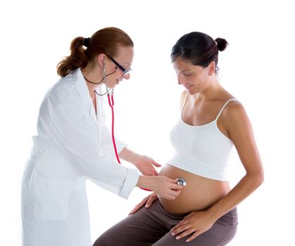 Beautiful pregnant woman with doctor and stethoscope isolated on white