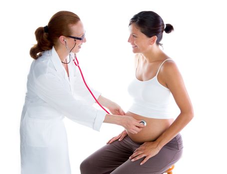 Beautiful pregnant woman with doctor and stethoscope isolated on white