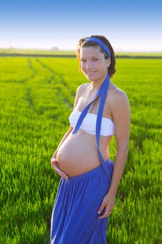 Beautiful pregnant woman walking outdoor nature on green rice fields