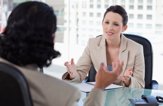 Smiling manager interviewing a male applicant in her office