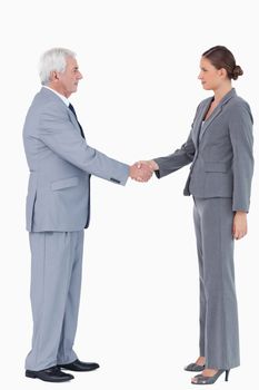 Side view of businesspartner shaking hands against a white background